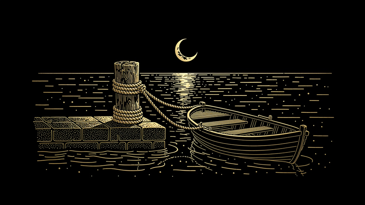 Gold engraving of a thick rope wound around a weathered mooring post on a stone pier, holding a small rowboat steady on moonlit water under a crescent moon.