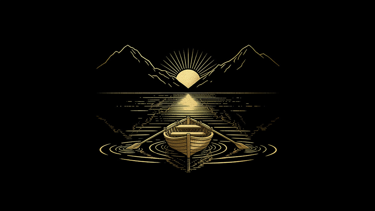 Gold engraving of an empty wooden rowboat with two oars set at matching angles in the water, rings of ripples around it on a still lake, and a rising sun between two mountain peaks ahead.