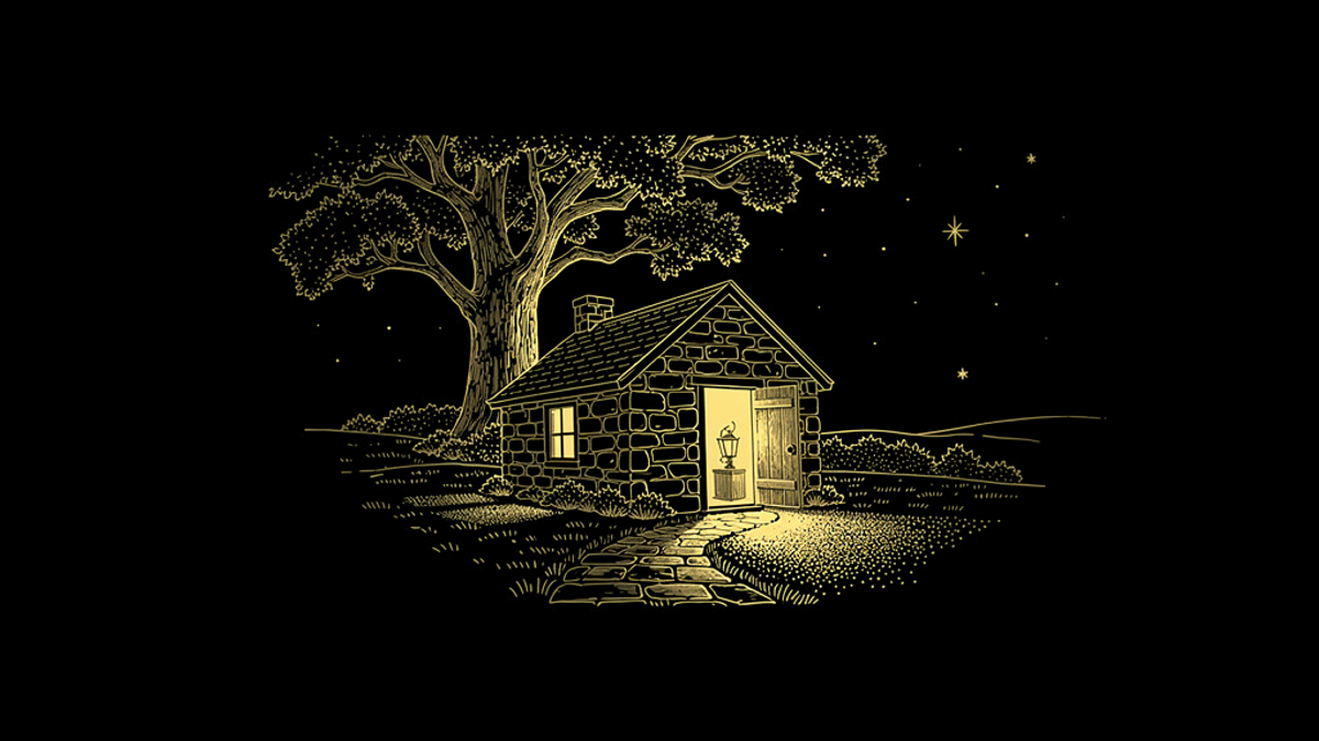 Gold engraving of a small stone cottage at night beside a large oak, its front door open and lamplight spilling onto a stone path.