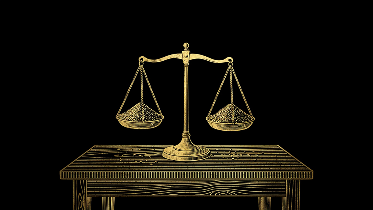 Gold engraving of brass balance scales standing level, an equal heap of grain in each pan.