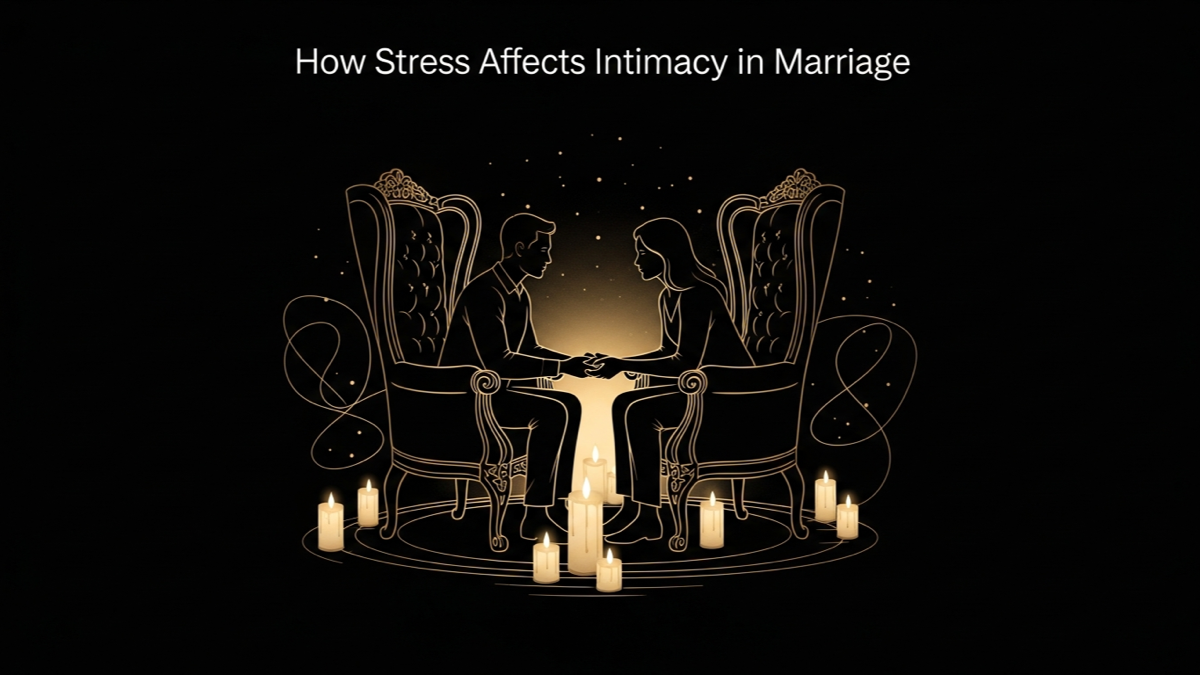 Black and gold editorial illustration for How Stress Affects Intimacy in Marriage.
