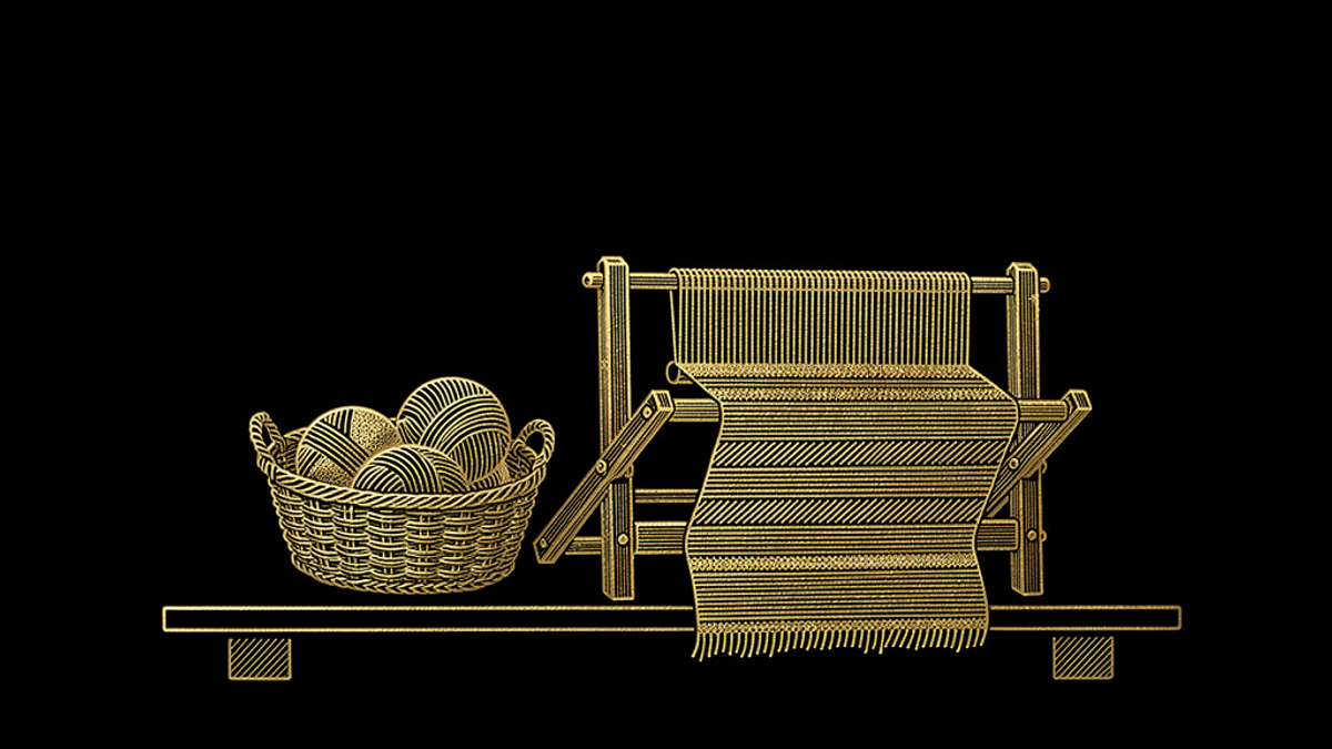 Gold engraving of a hand loom with cloth half woven and a basket of yarn beside it.