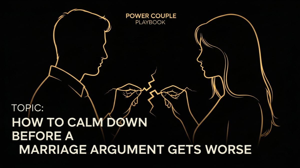 Black and gold editorial illustration for How to Calm Down Before a Marriage Argument Gets Worse.