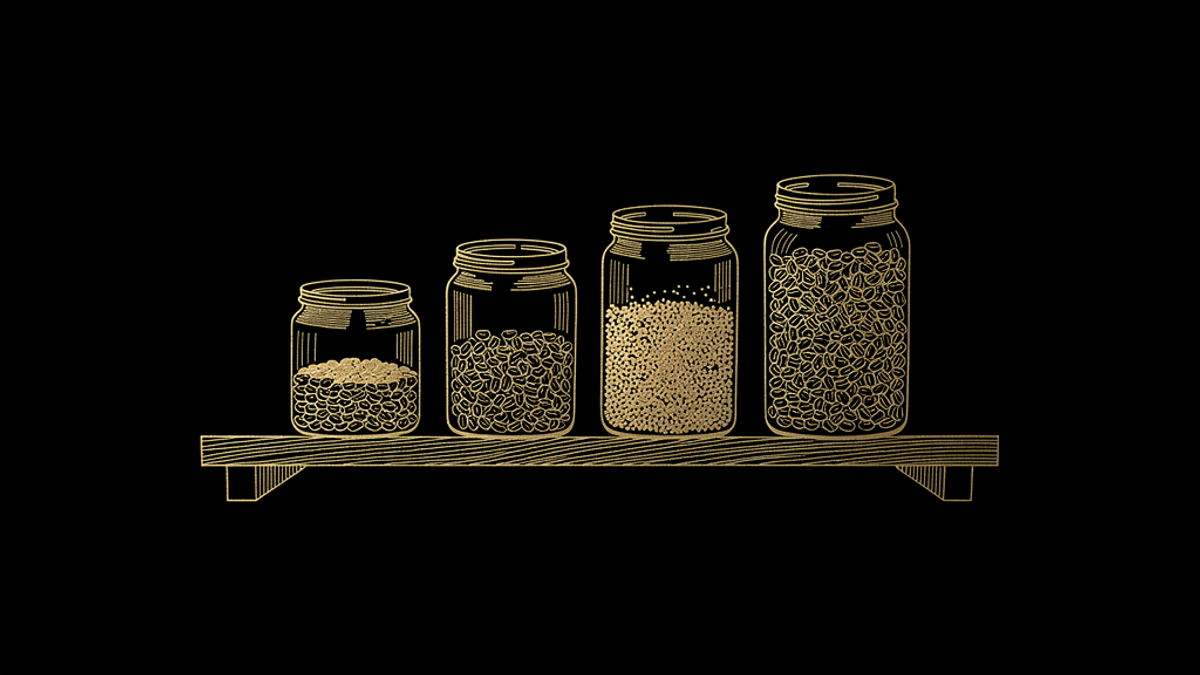 Gold engraving of four glass jars on a shelf filled with beans to different levels.