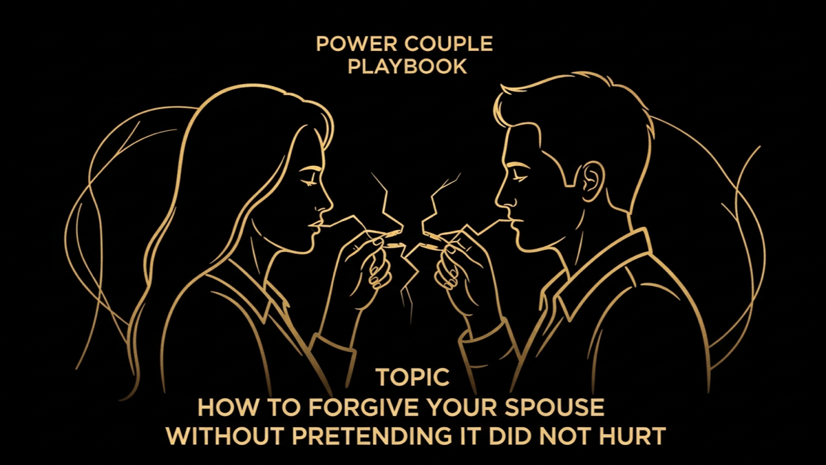Black and gold editorial illustration for How to Forgive Your Spouse Without Pretending It Did Not Hurt.