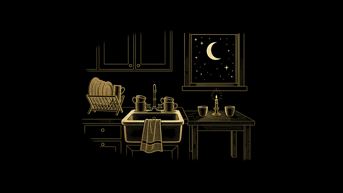 Gold engraving of a quiet kitchen at night: clean plates drying in a wooden rack, mugs set on a deep farmhouse sink with a dish towel draped over its edge, and a small table set with two cups and a lit candle beneath a window showing a crescent moon and stars.
