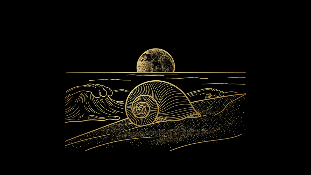 Gold engraving of a large spiral seashell on a sandy shore, waves behind it and the moon on the horizon.