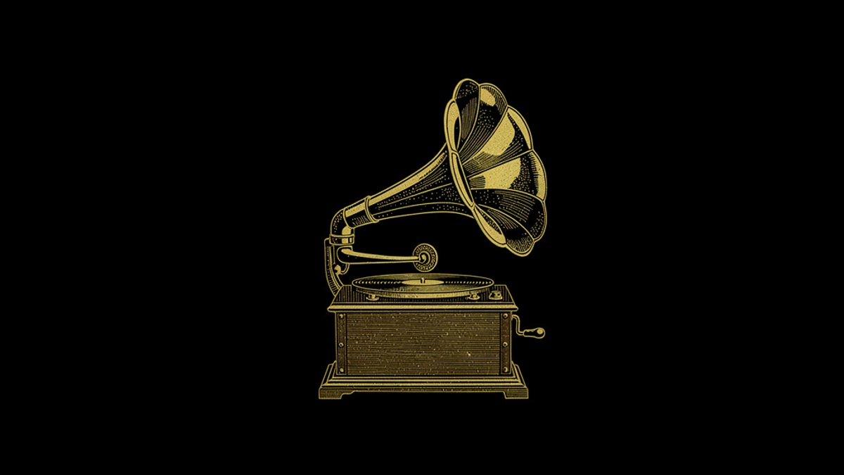 Gold engraving of an antique gramophone with a large brass horn.
