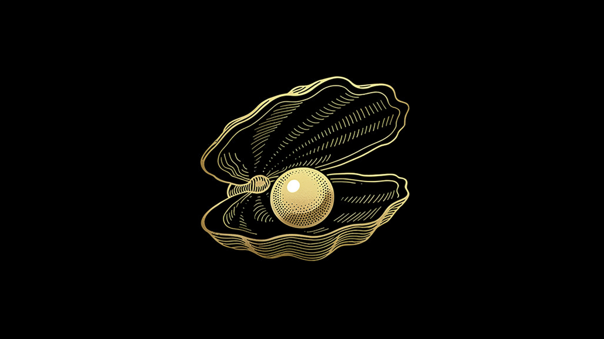 Gold engraving of an opened oyster shell with a single pearl inside.