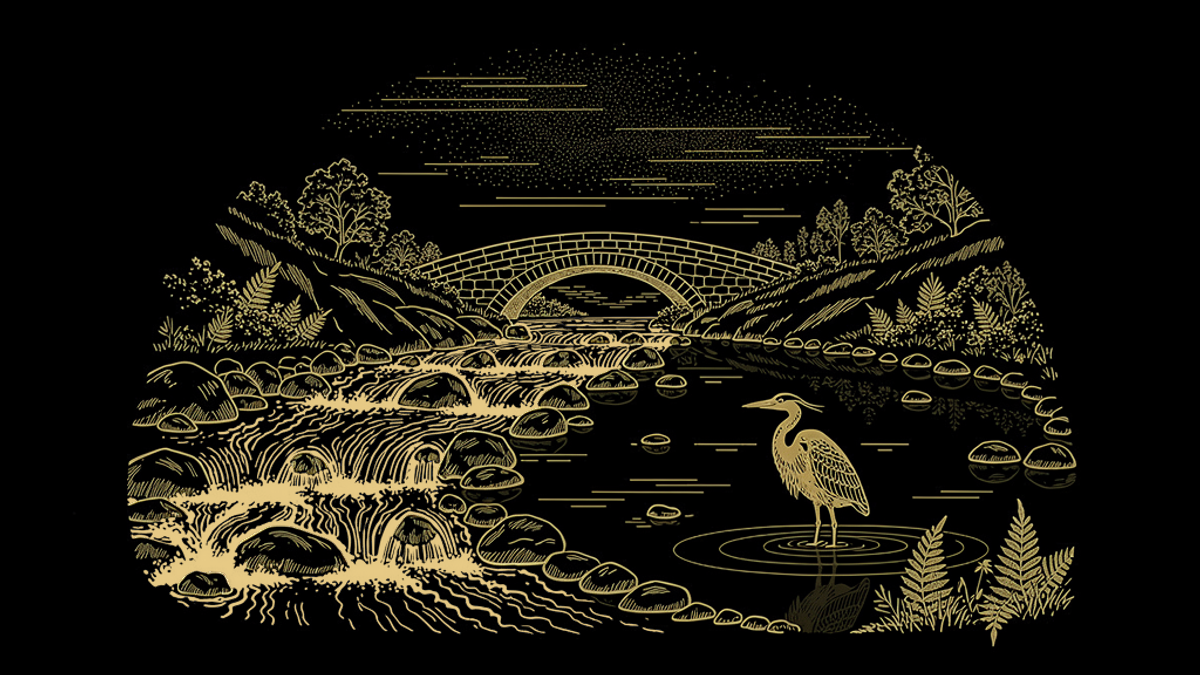 Gold engraving of a rushing stream tumbling over rocks beneath an arched stone bridge and widening into a still pool where a heron stands among ferns.