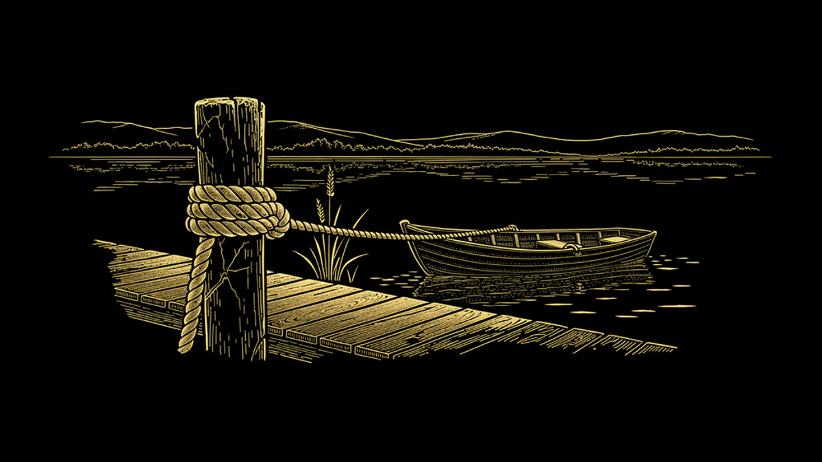 Gold engraving of a thick three-strand rope wound around a wooden mooring post on a dock, holding a small rowboat on calm water.