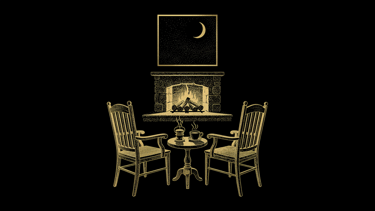 Gold engraving of two empty wooden armchairs angled toward each other beside a stone fireplace, two steaming cups on a small round table between them, and a crescent moon in a square window above the mantel.