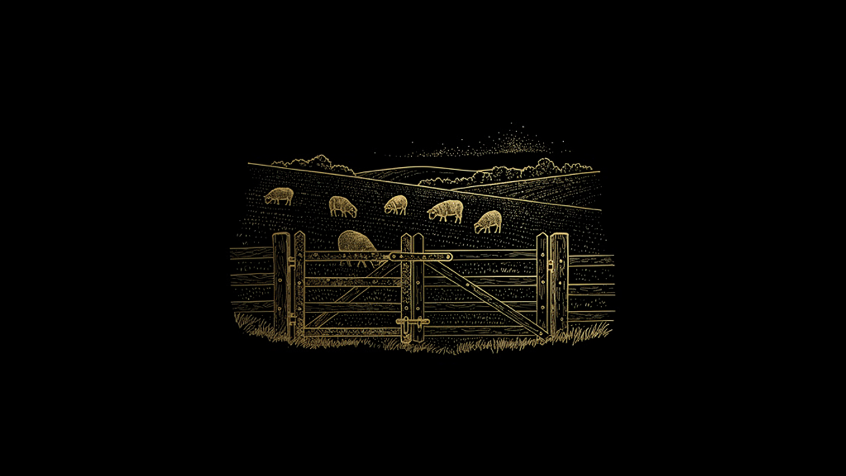 Gold engraving of a latched wooden gate closing a pasture where sheep graze.
