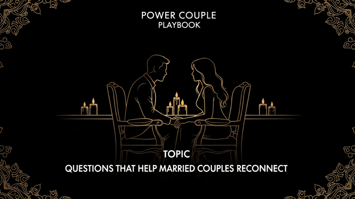 Black and gold editorial illustration for Questions That Help Married Couples Reconnect.