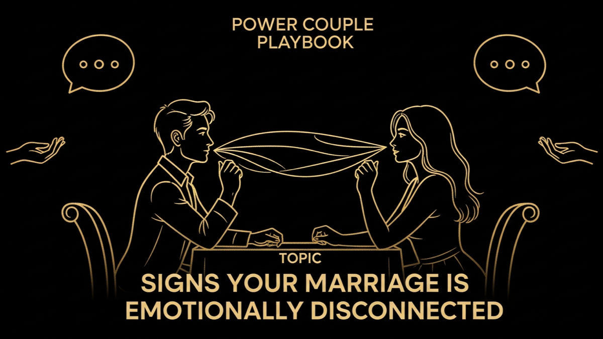 Black and gold editorial illustration for Signs Your Marriage Is Emotionally Disconnected.