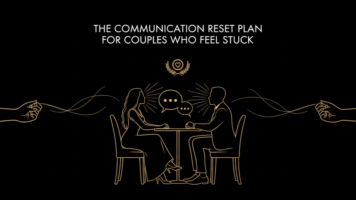 Black and gold editorial illustration for The Communication Reset Plan for Couples Who Feel Stuck.