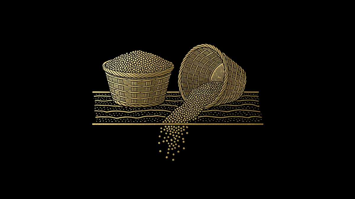 Gold engraving of two woven baskets, one full of seed and one tipped over with seed spilling out.