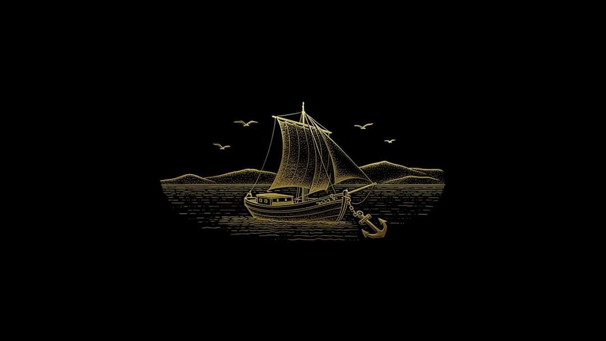 Gold engraving of a wooden sailboat with a full sail and a heavy anchor hanging from its bow on calm water, low hills on the far shore and seabirds overhead.