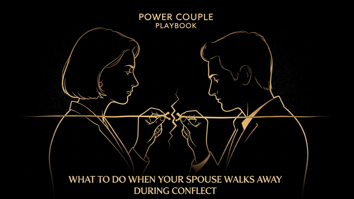 Black and gold editorial illustration for What to Do When Your Spouse Walks Away During Conflict.