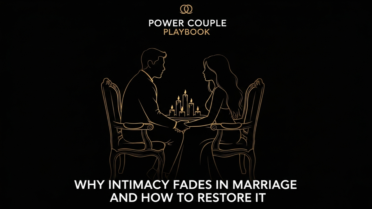 Black and gold editorial illustration for Why Intimacy Fades in Marriage and How to Restore It.