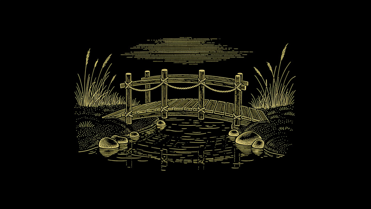 Gold engraving of a sturdy wooden bridge over a quiet stream, held together with rope lashings, with tall grasses on both banks.
